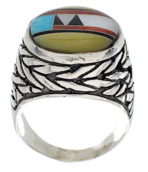 Multicolor Inlay Genuine Sterling Silver Ring Size 7-3/4 EX50805