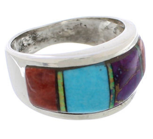 Genuine Sterling Silver And Multicolor Inlay Ring Size 6-3/4 EX50898