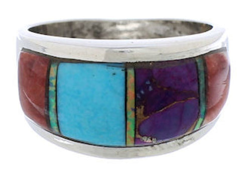 Genuine Sterling Silver And Multicolor Inlay Ring Size 6-3/4 EX50898