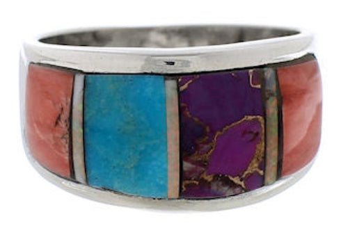 Sterling Silver Southwest Multicolor Inlay Ring Size 7-1/2 EX50901
