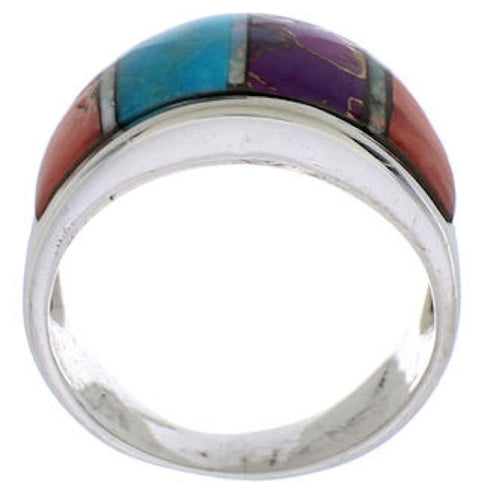 Sterling Silver Southwest Multicolor Inlay Ring Size 7-1/2 EX50901