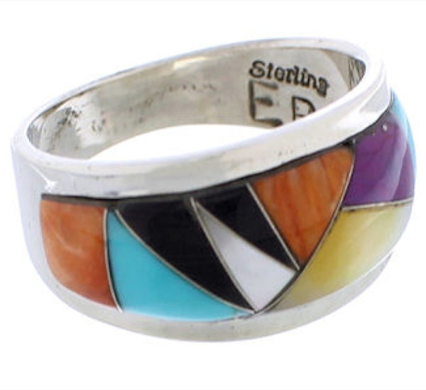 Turquoise Multicolor Inlay And Sterling Silver Ring Size 6-1/2 RS43174