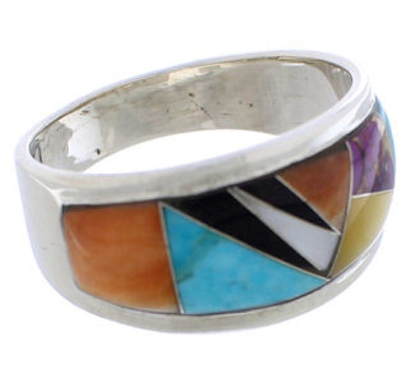 Sterling Silver And Multicolor Inlay Ring Size 8-1/2 EX50958
