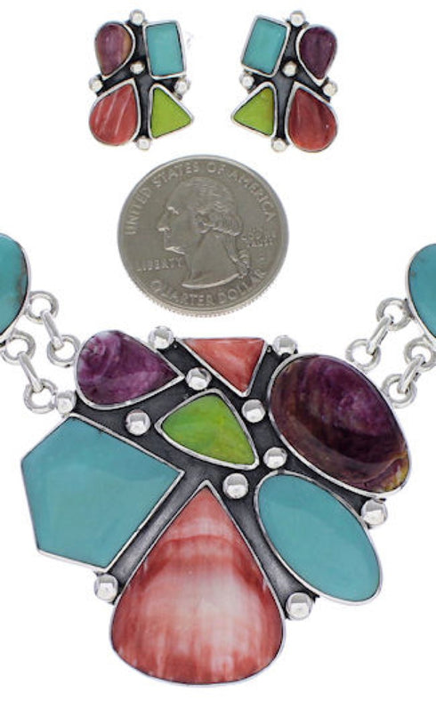 Multicolor And Sterling Silver Link Necklace And Earrings Set EX32905