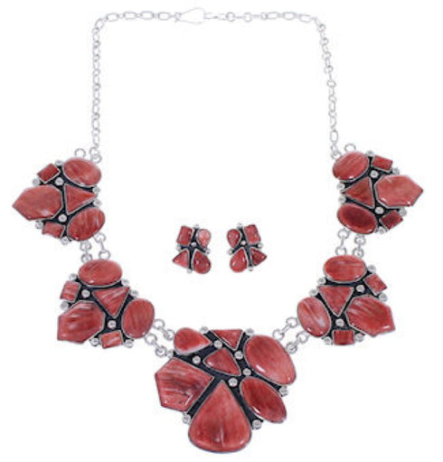 Red Oyster Shell Southwest Link Necklace And Earrings Set EX32907