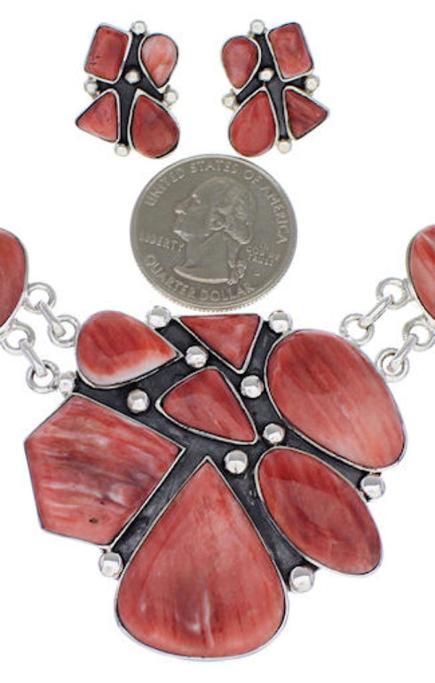 Red Oyster Shell Southwest Link Necklace And Earrings Set EX32907