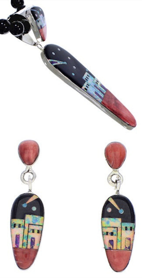 Silver Multicolor Necklace Pendant Earrings Set PX35187