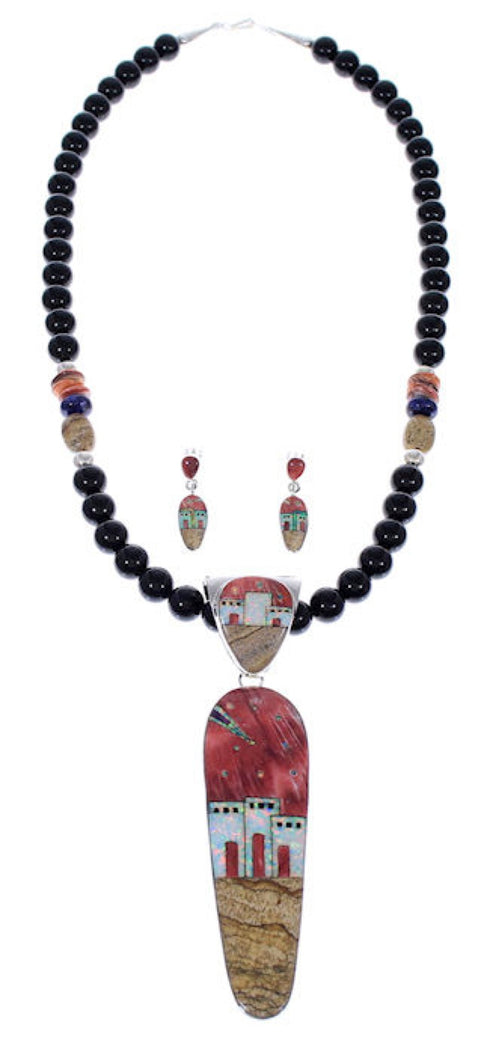 Native American Village Multicolor Inlay Pendant Necklace Set PX35216
