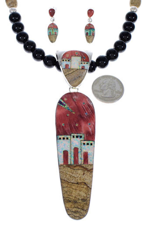 Native American Village Multicolor Inlay Pendant Necklace Set PX35216