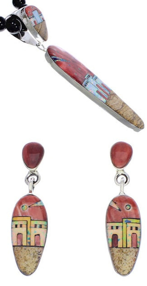 Native American Village Multicolor Inlay Pendant Necklace Set PX35216