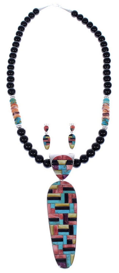 Genuine Sterling Silver And Multicolor Necklace And Earring Set PX35238