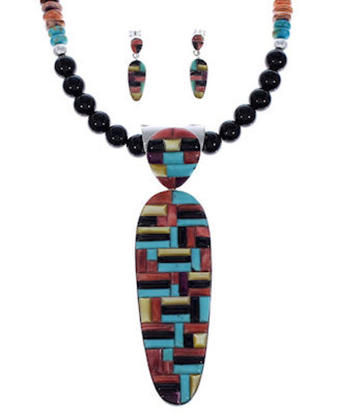 Sterling Silver Multicolor Pendant Necklace And Earrings Set PX35253