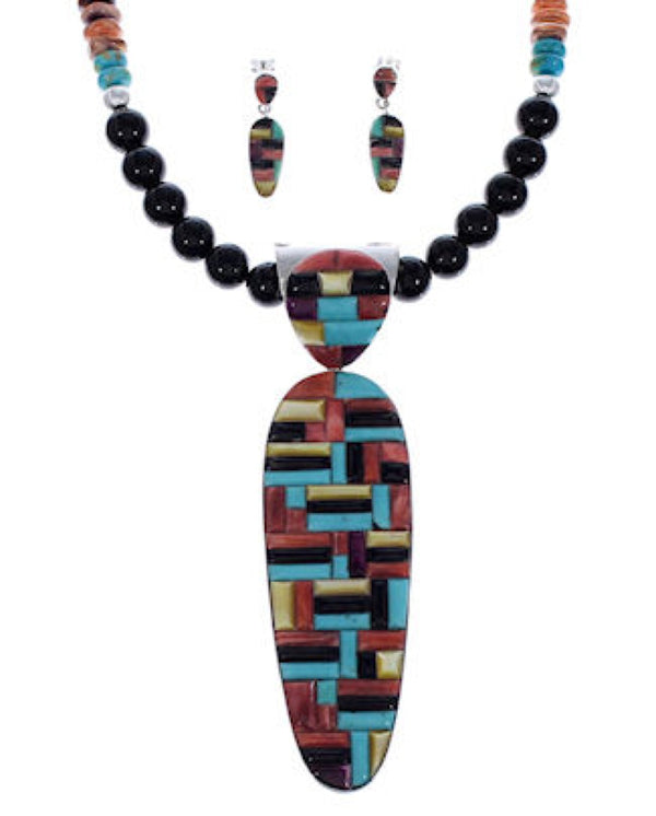 Sterling Silver Multicolor Pendant Necklace And Earrings Set PX35253