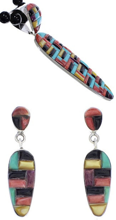 Sterling Silver Multicolor Pendant Necklace And Earrings Set PX35253
