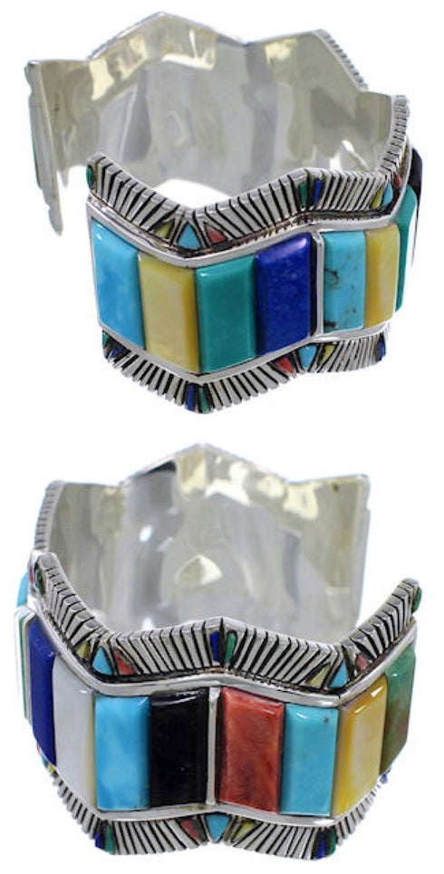 Multicolor Inlay Southwest Sterling Silver Cuff Bracelet FX27892