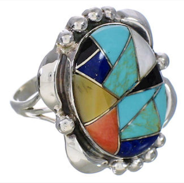 Southwestern Sterling Silver Multicolor Inlay Ring Size 7-3/4 UX33632
