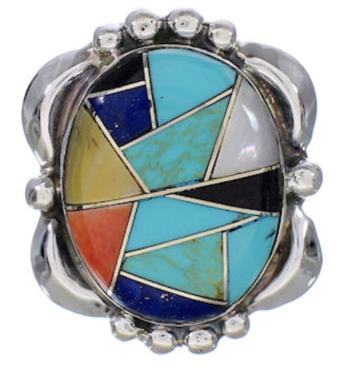 Sterling Silver And Multicolor Inlay Southwestern Ring Size 7 UX33630