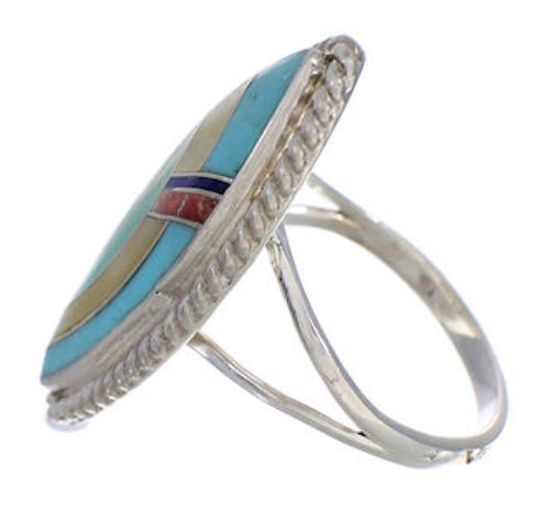 Southwest Sterling Silver And Multicolor Inlay Ring Size 8-3/4 UX33808