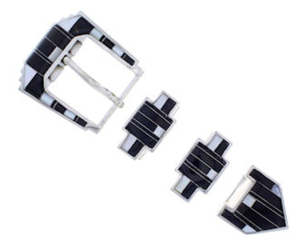 Black Jade Mother Of Pearl Inlay Silver Ranger Belt Buckle PX38103