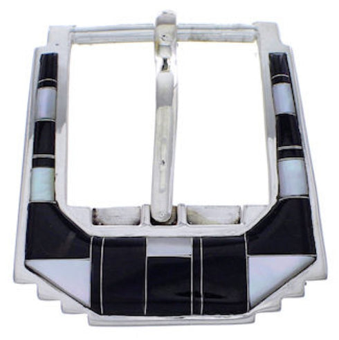 Black Jade Mother Of Pearl Inlay Silver Ranger Belt Buckle PX38103