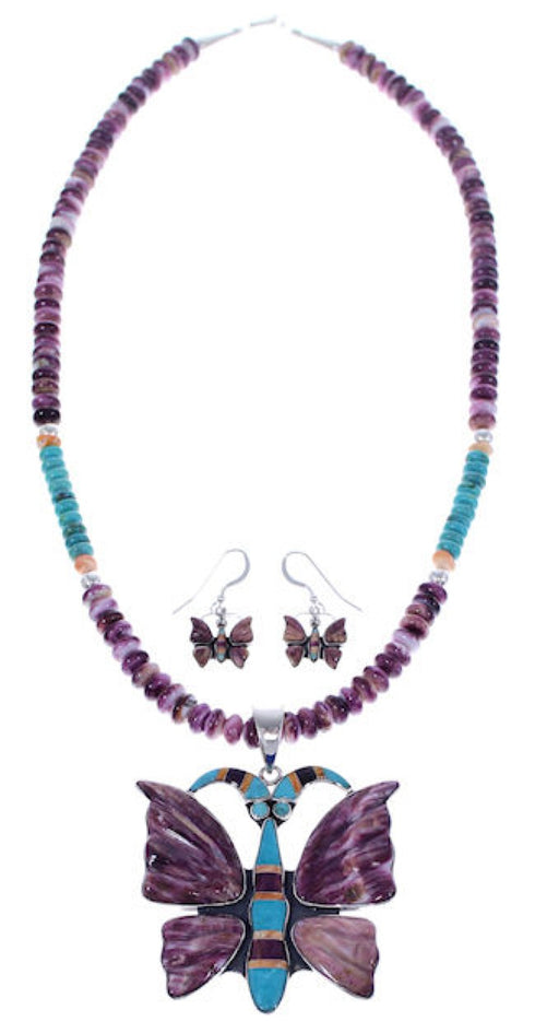 Silver Multicolor Butterfly Necklace Pendant Earrings Set PX34638