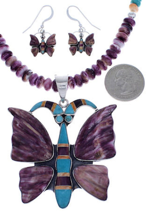 Silver Multicolor Butterfly Necklace Pendant Earrings Set PX34638