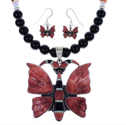 Silver Multicolor Butterfly Southwest Pendant Necklace Set PX34898