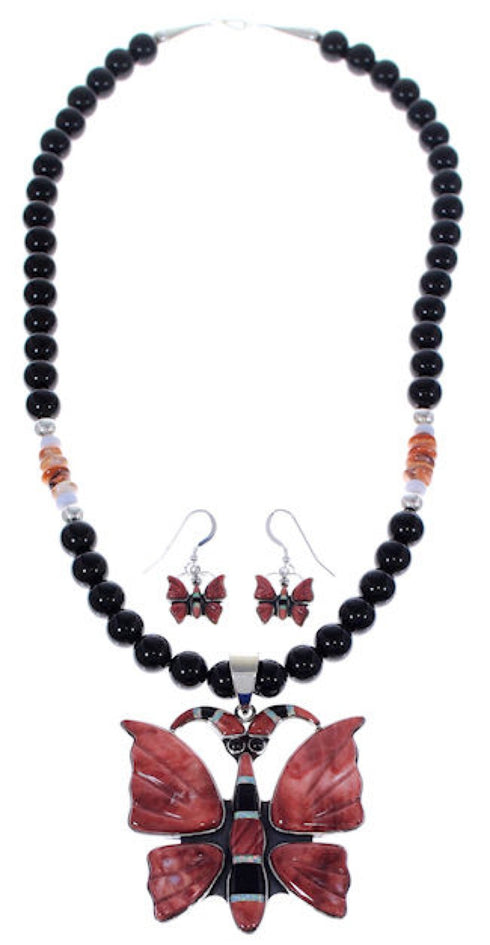 Silver Multicolor Butterfly Southwest Pendant Necklace Set PX34898