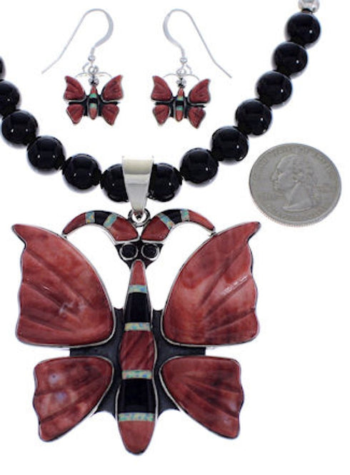 Silver Multicolor Butterfly Southwest Pendant Necklace Set PX34898