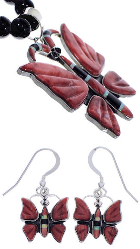 Silver Multicolor Butterfly Southwest Pendant Necklace Set PX34898