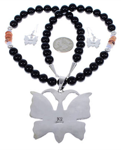 Silver Multicolor Butterfly Southwest Pendant Necklace Set PX34898