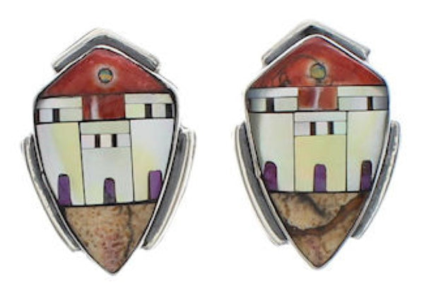 Native American Village Design Multicolor Silver Earrings EX32506