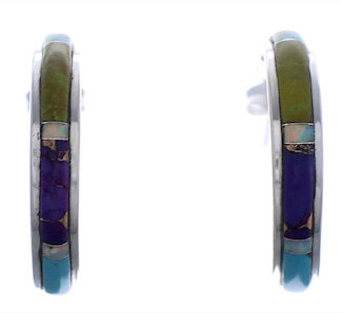 Multicolor Inlay Silver Post Hoop Earrings PX24885