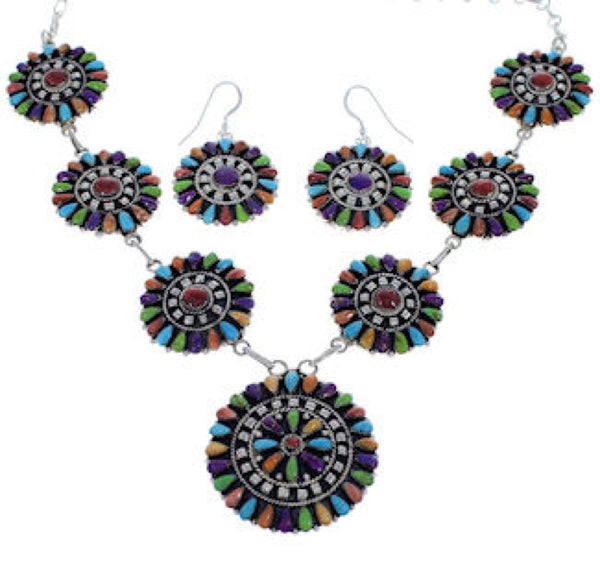 Multicolor Southwest Sterling Silver Link Necklace Set PX37831