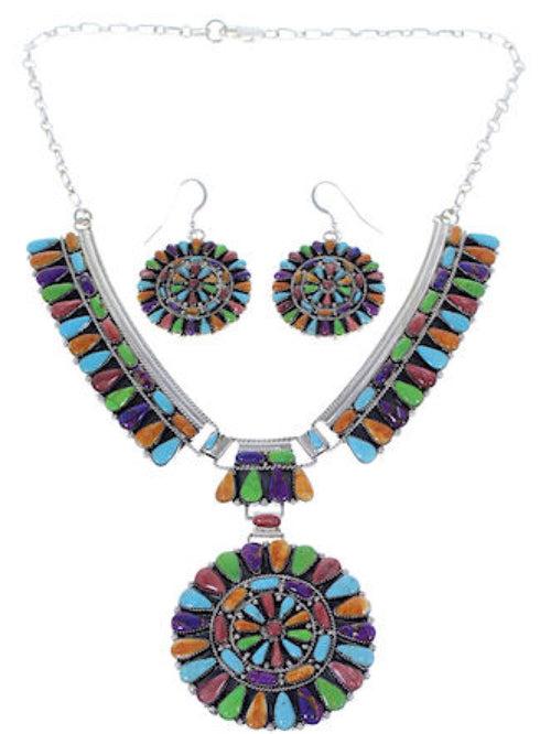 Multicolor Jewelry Sterling Silver Link Necklace Earrings Set PX37876