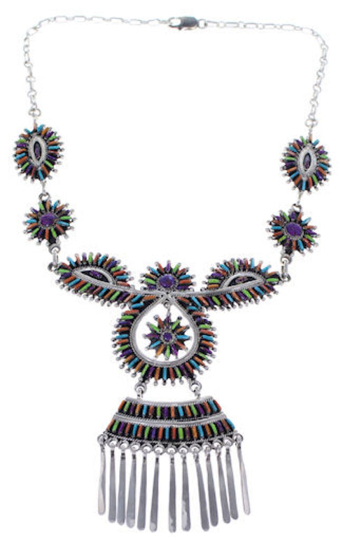 Multicolor Needlepoint Genuine Sterling Silver Link Necklace PX37889