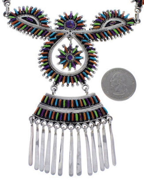 Multicolor Needlepoint Genuine Sterling Silver Link Necklace PX37889