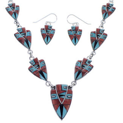 Southwest Silver Jewelry Multicolor Link Necklace And Earrings PX36959