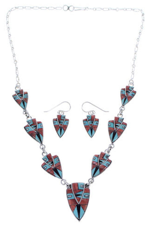 Southwest Silver Jewelry Multicolor Link Necklace And Earrings PX36959
