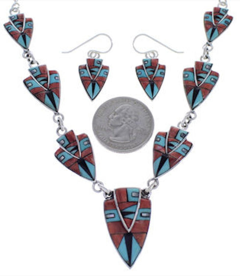Southwest Silver Jewelry Multicolor Link Necklace And Earrings PX36959