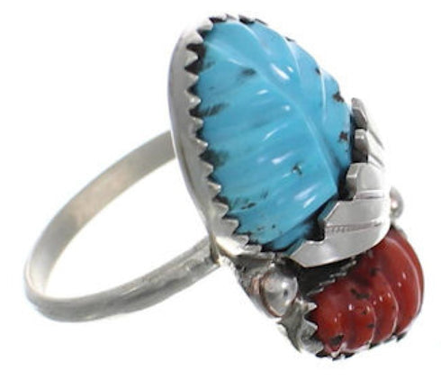 Native American Silver Turquoise And Coral Ring Size 8-1/4 FX26923