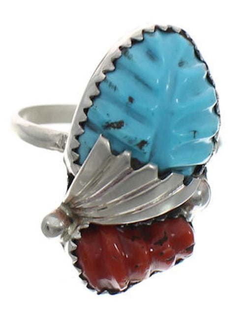 Native American Silver Turquoise And Coral Ring Size 8-1/4 FX26923