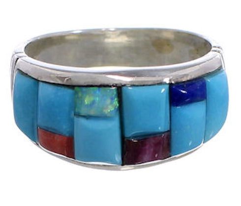 Turquoise Multicolor Inlay Silver Ring Size 8-3/4 EX50674