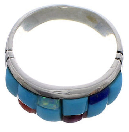 Turquoise Multicolor Inlay Silver Ring Size 8-3/4 EX50674