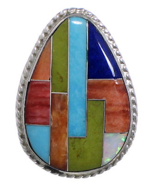 Multicolor Inlay Southwest Sterling Silver Ring Size 7-1/4 EX50753