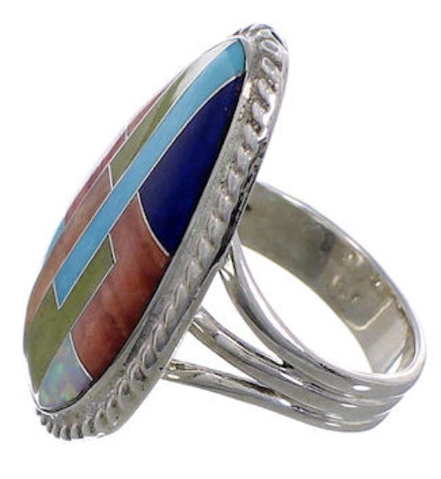 Multicolor Inlay Southwest Sterling Silver Ring Size 7-1/4 EX50753