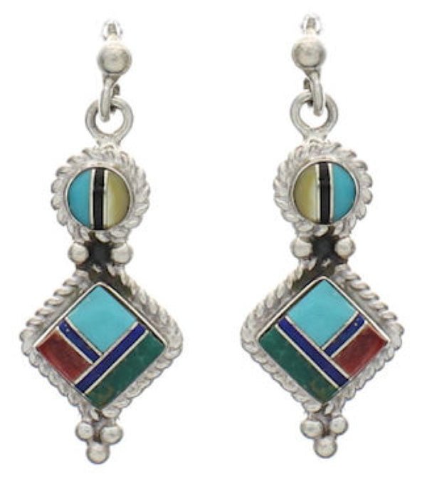 Silver Multicolor Inlay Post Dangle Earrings FX31052