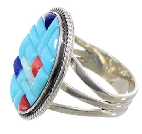 Southwest Sterling Silver Multicolor Inlay Ring Size 6-1/2 CX51617
