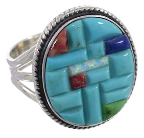 Southwest Multicolor Inlay Genuine Sterling Silver Ring Size 6-3/4 CX51645