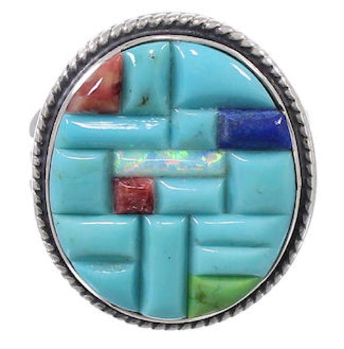 Southwest Multicolor Inlay Genuine Sterling Silver Ring Size 6-3/4 CX51645